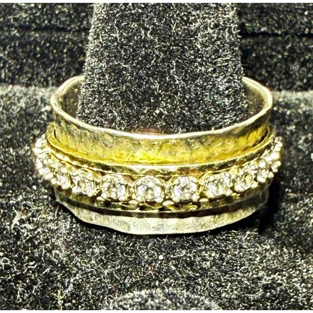 Deaure Sterling Silver 925 Spinner Ring Hammered Mixed Metal CZ Size 10